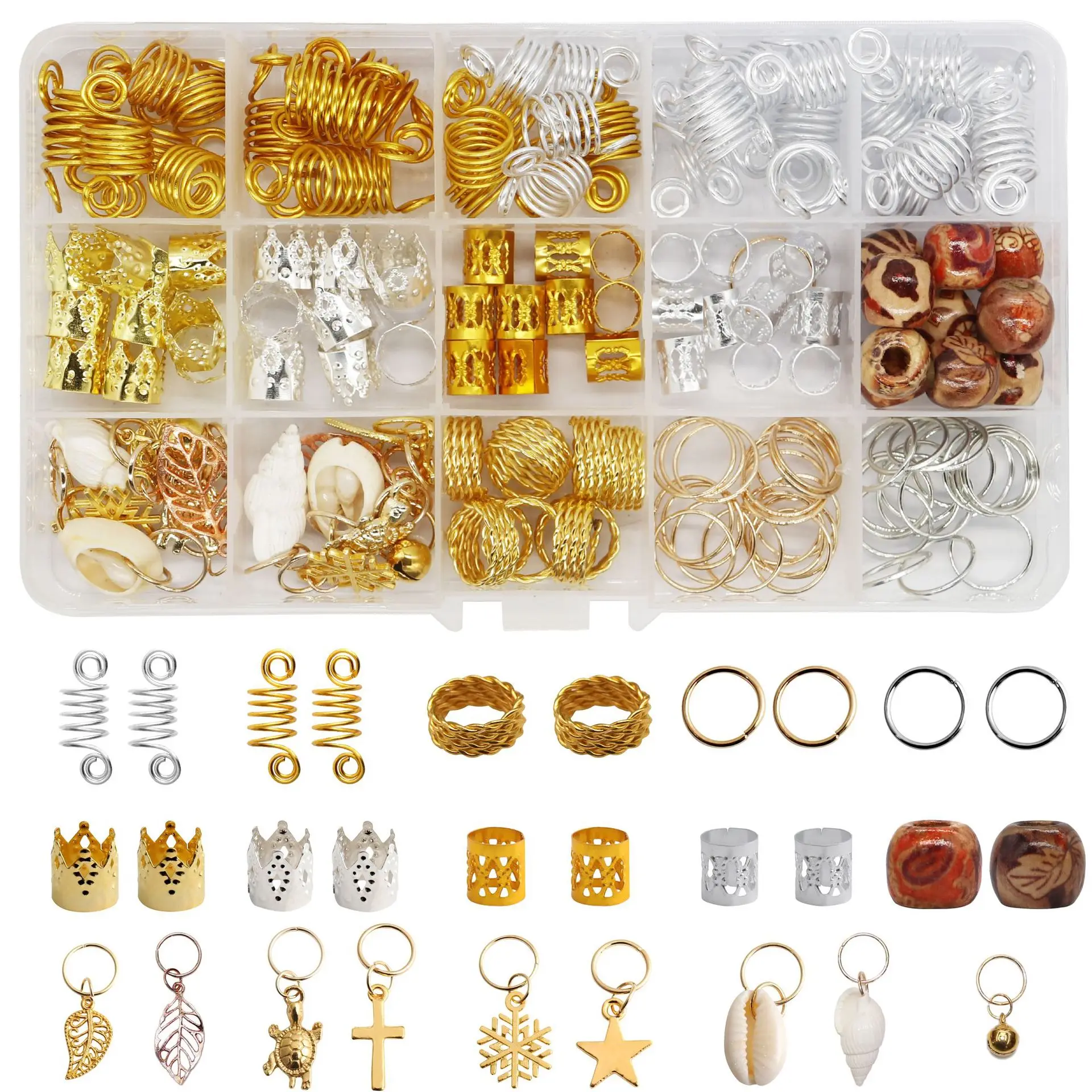 

158 pieces Dreadlocks Beads Metal Hair Braid Cuffs Rings Shell Charms Hair Coils Braiding Hair Jewelry, Gold and sliver