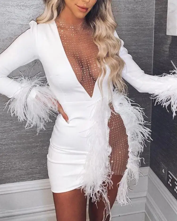 

Mesh Inserted Embellished Diamonds Rhinestones With Feather Mini Dress Women Sexy Slim Fit Bodycon Evening Party Dresses