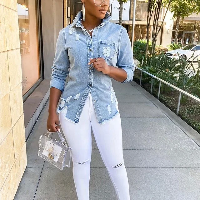 2021 Autumn Denim Fabric Shirt Jacket Female Long Sleeve Button Distressed Jean Denim Women Shirts
2021 Autumn Denim Fabric Shirt Jacket Female Long Sleeve Button Distressed Jean Denim Women Shirts