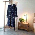 Women Plush Velvet Hooded Star Printed Flannel Robe With Knee Length Bathrobe