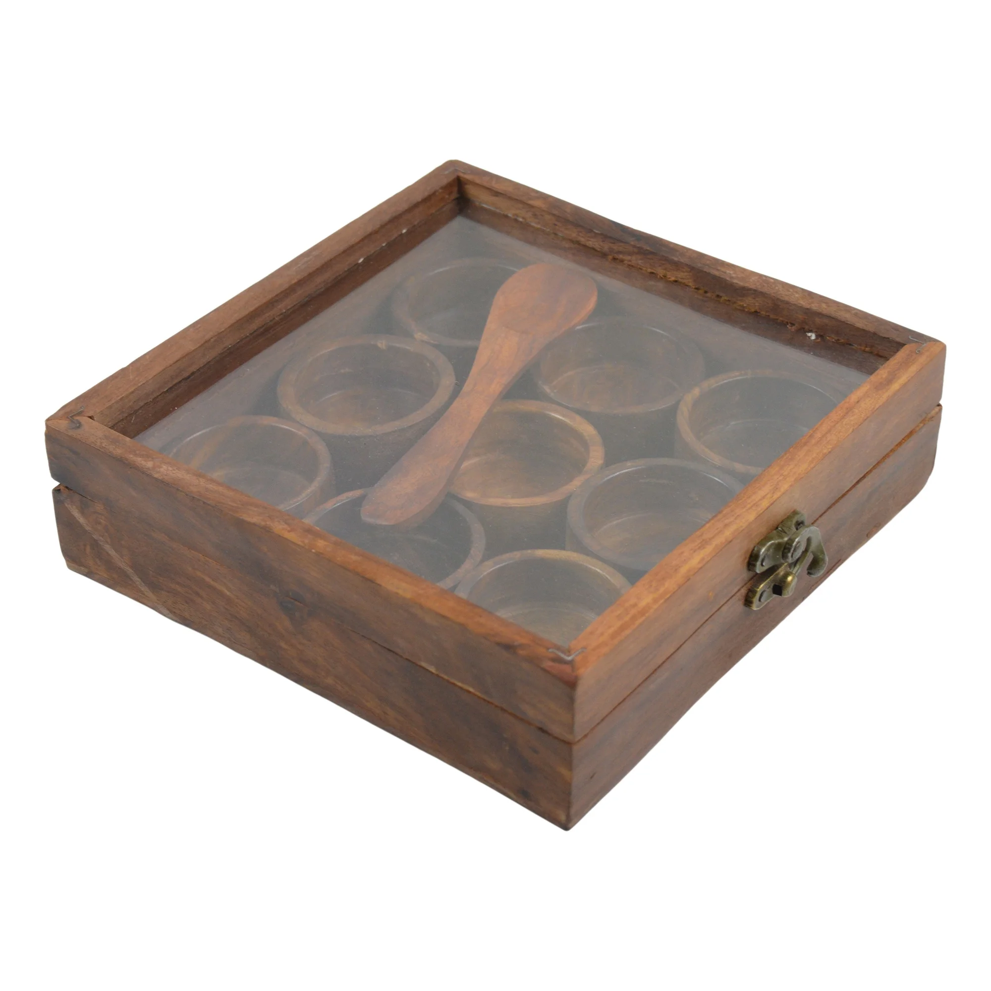 Masala Box Natural Wooden With Nine Cups Kitchenware Spicy Food Design Wooden Box With Wooden Spoon