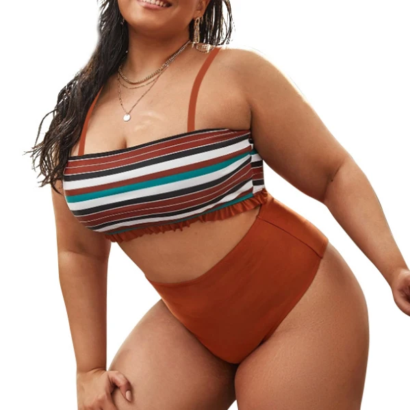 

plus size two piece swimsuits swimwear High-waisted bikini with frilly stripes, Accept customized