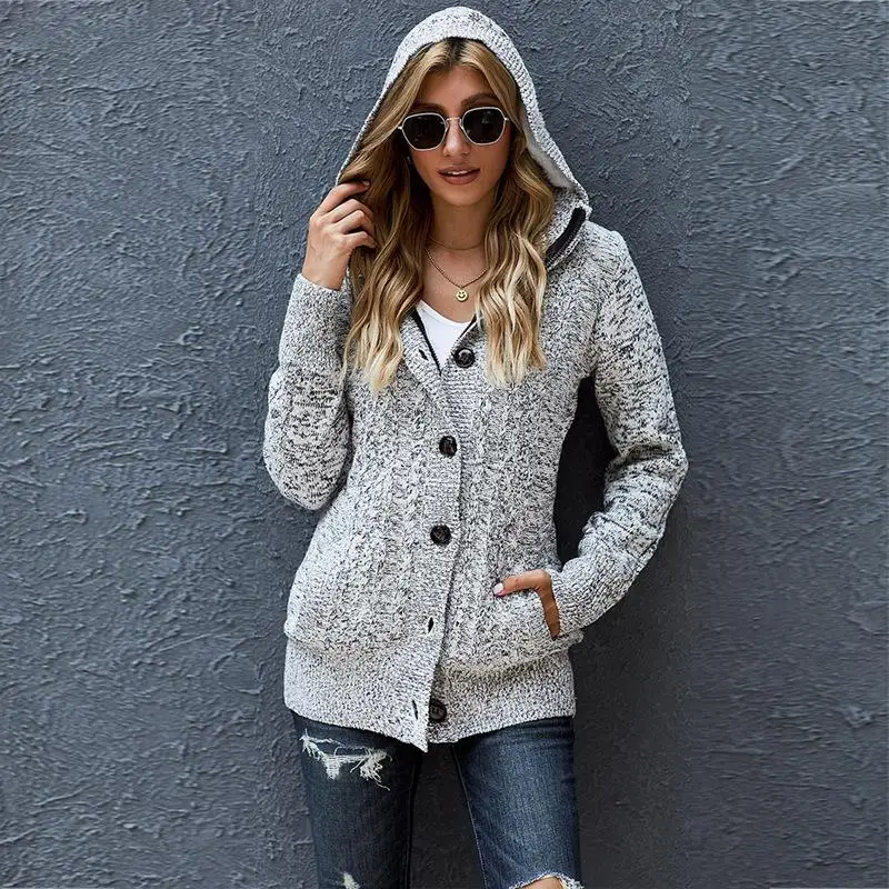 2021 New Trendy Oem Odm Ladies Chunky Button Pocket Plain Hooded Cardigan Sweater Hoodies 
2021 New Trendy Oem Odm Ladies Chunky Button Pocket Plain Hooded Cardigan Sweater Hoodies