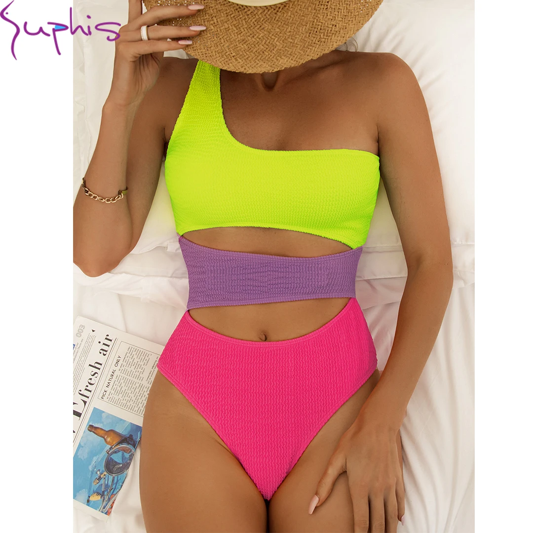 

SUPHIS Swim Female Bather Bathing Suit Women Swimwear New Sexy One Shoulder Splicing Wrinkled Crinkled Cutout One Piece Swimsuit