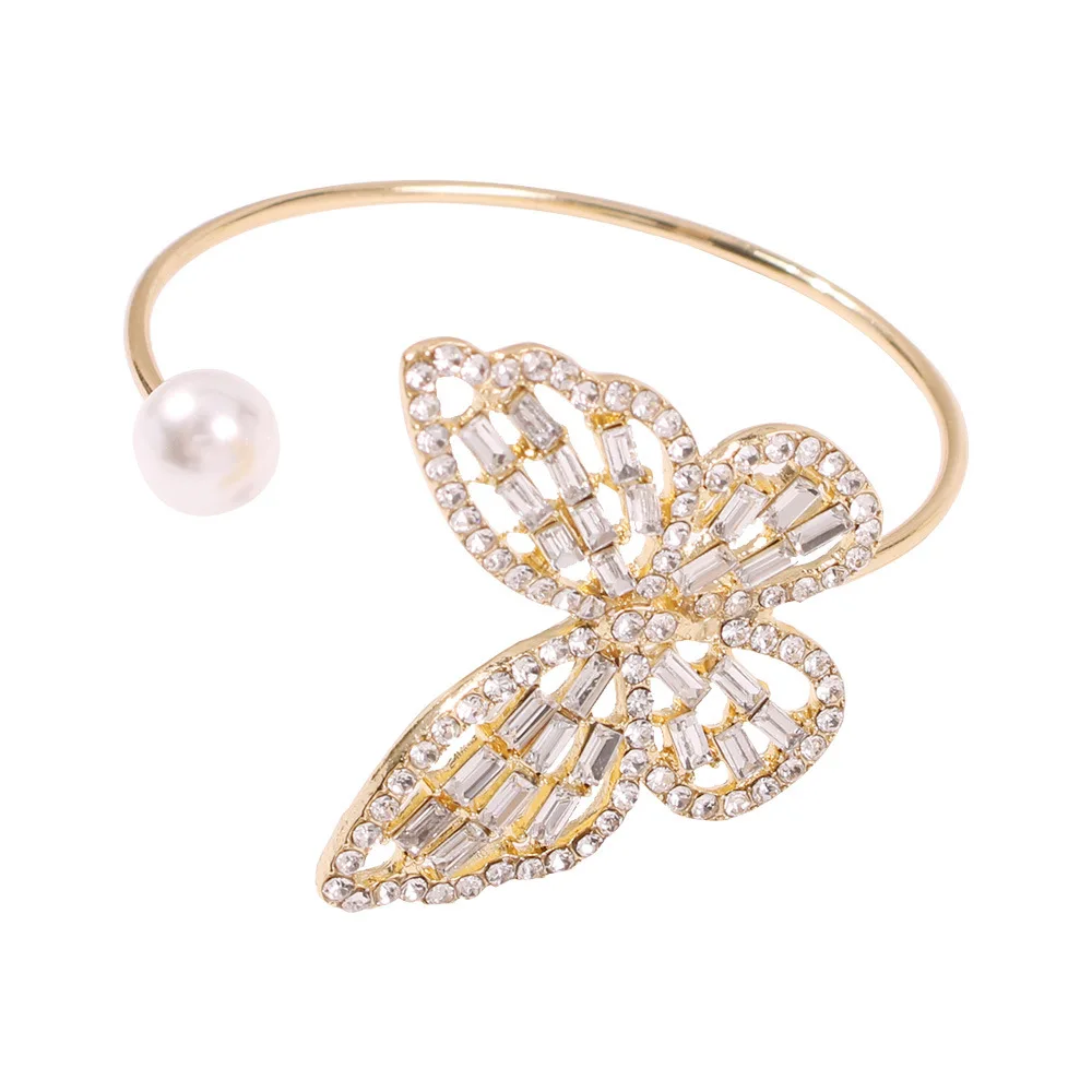 

Fashion Gold Plated Pearl Rhinestone Cuff Bangle Joker Sparkling Gemstone Zircon Butterfly Bracelet For Women Wedding Jewelry, Golden