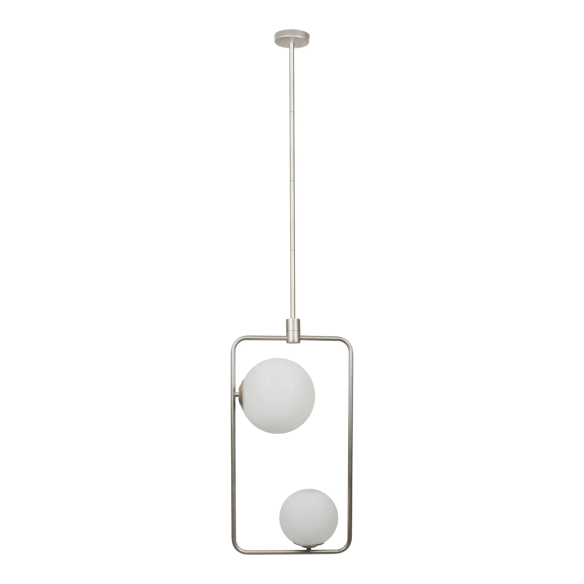 WHISTLER PENDANT LAMP Iron Glass Shades Brass Accents Radiant globed lights appear to float inside a rectangular iron frame, Picture
WHISTLER PENDANT LAMP Iron Glass Shades Brass Accents Radiant globed lights appear to float inside a rectangular iron frame, Picture