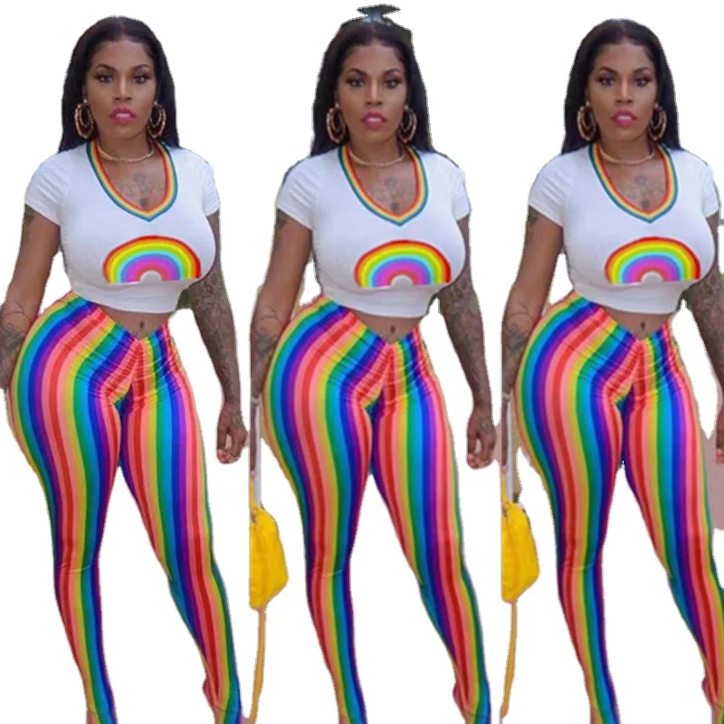 2020 Hot Sale Women's Rainbow Print Short Sleeve Tops & Colorful Striped Long Pants Two Pieces Suit
2020 Hot Sale Women's Rainbow Print Short Sleeve Tops & Colorful Striped Long Pants Two Pieces Suit