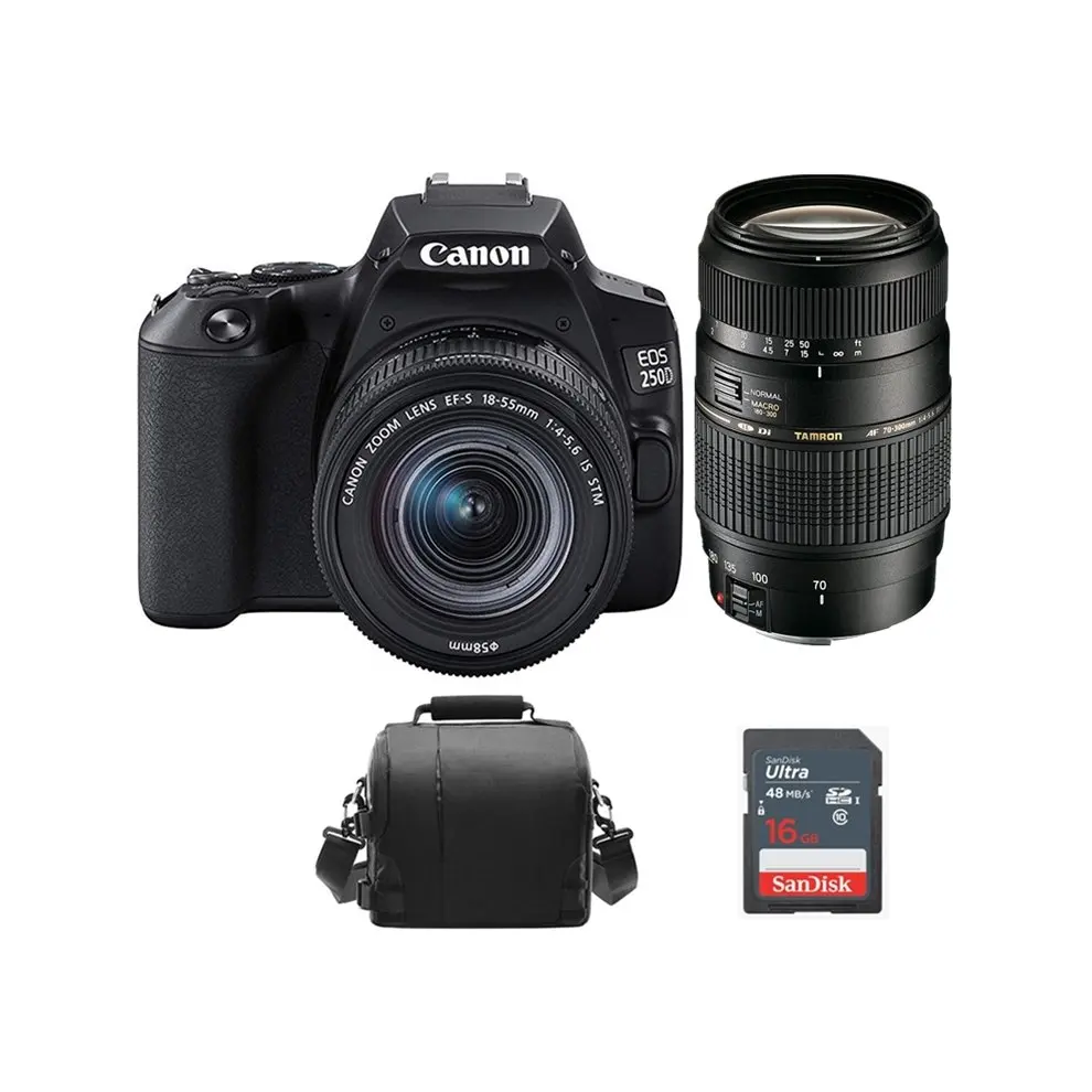 

CANON EOS 250D + EF-S 18-55mm F4-5.6 IS STM Lens + TAMRON AF 70-300mm F4-5.6 Di LD + Camera Bag + 16gb SD card