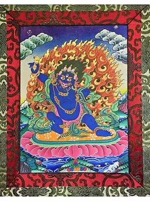 Wrathful Bodhisattva Vajrapani Thangka with blue flames