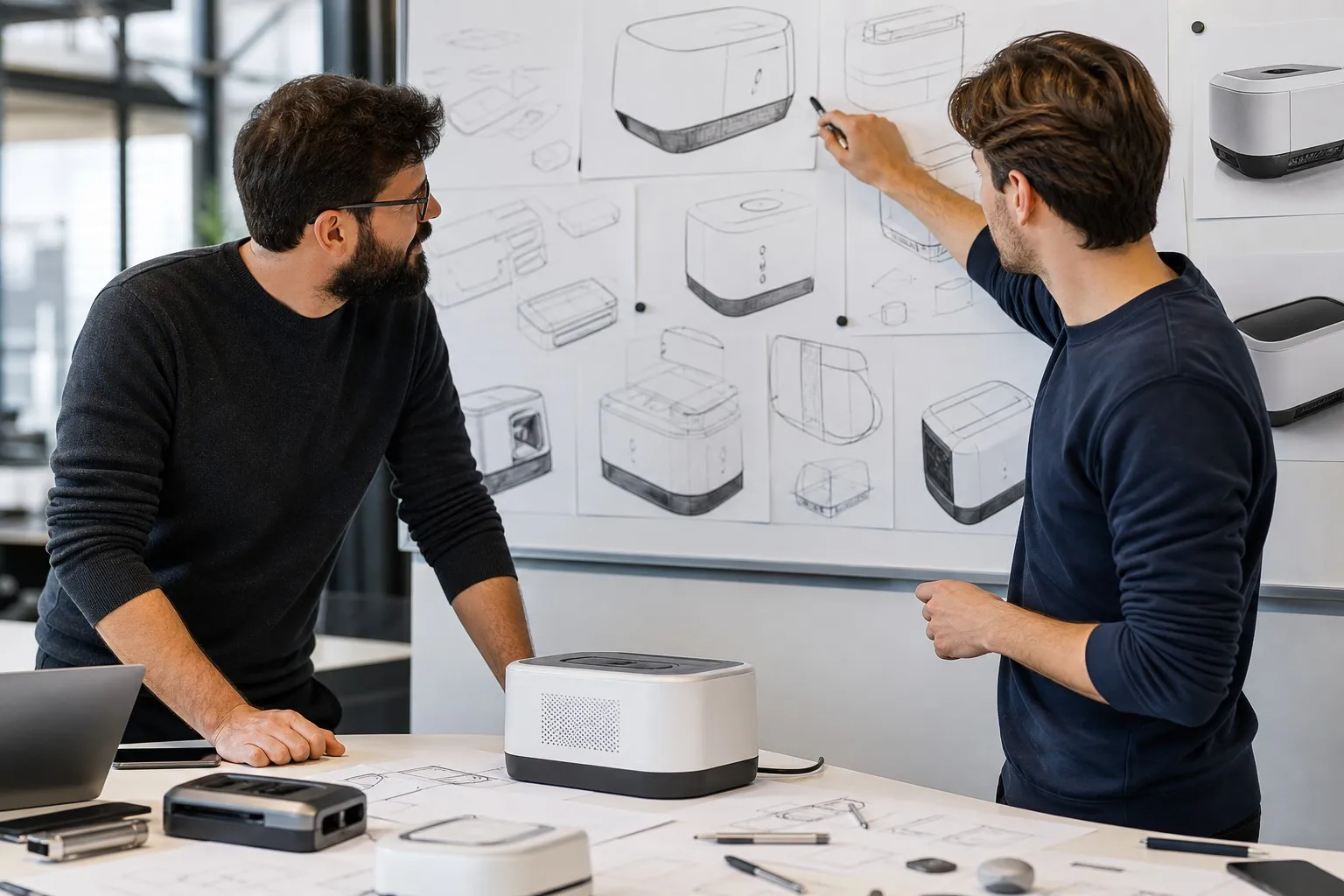 Designer and engineer reviewing a product concept at a whiteboard