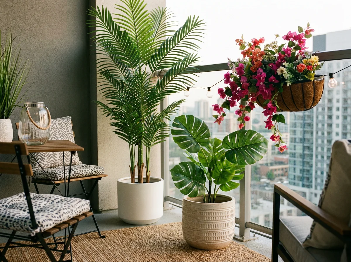 Small apartment balcony styled with artificial tropical plants including faux palm tree and monstera in ceramic planters