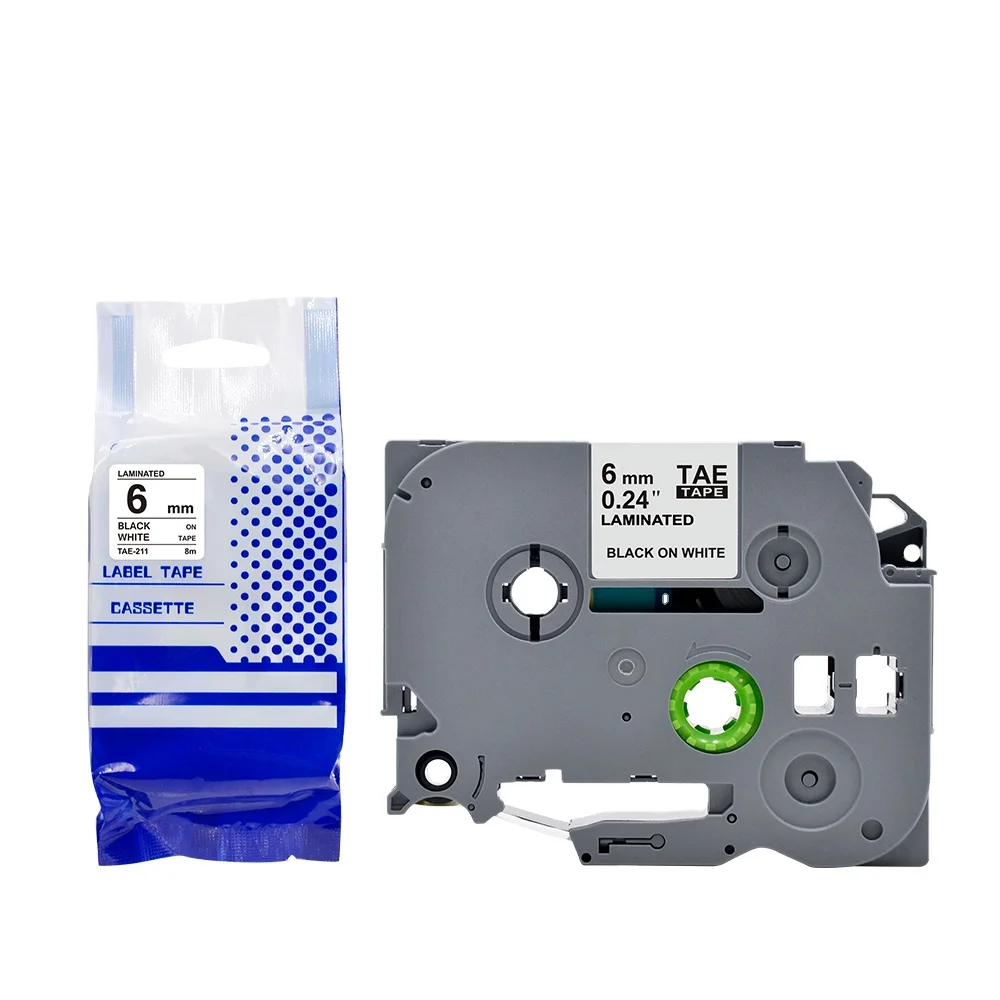 Tatrix TZ211 TZe211 TZ-211 TZe-211 6mm Black on White Compatible Laminated Label Tape Cartridge for Brother P Touch PT-1010