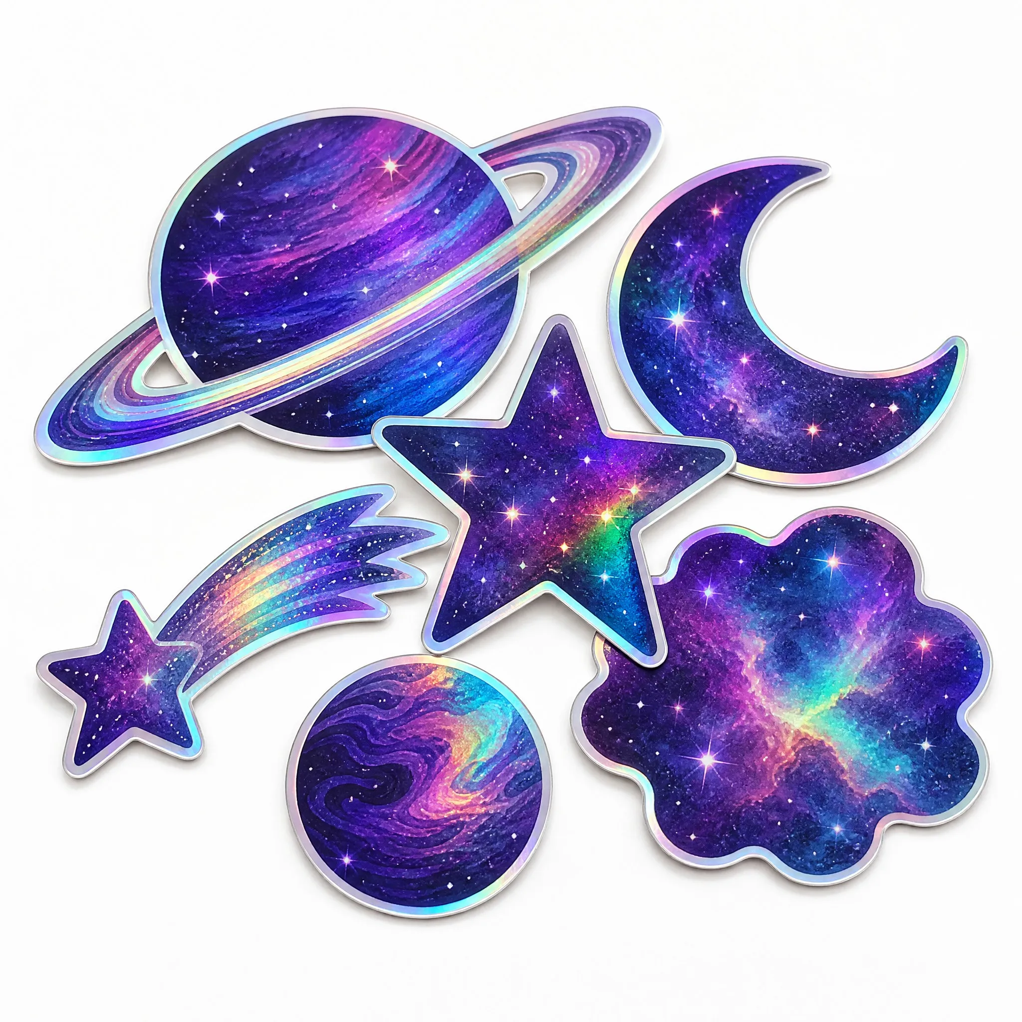 Custom holographic die-cut sticker set - six deep-space designs on white background