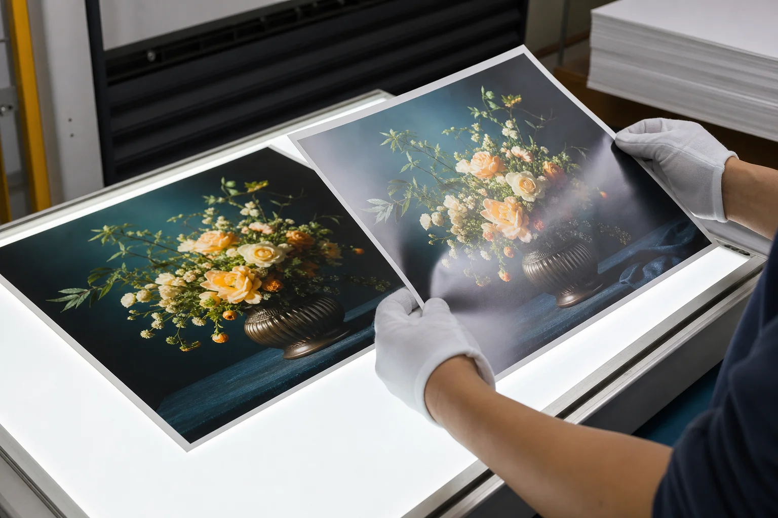 Color proofing comparison on light box - prepress proofing stage
