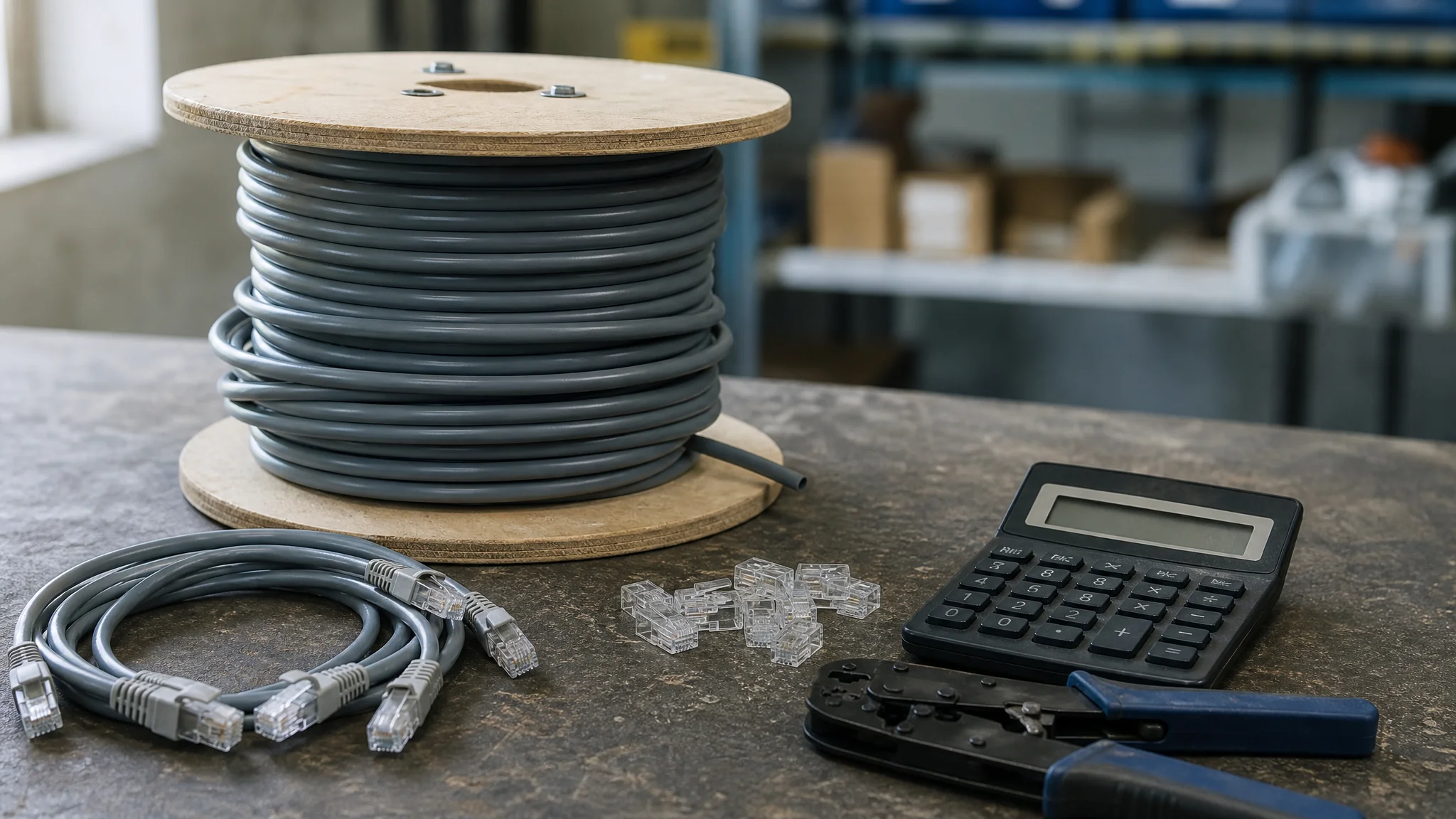 Cat6A cable reel with patch cords, a calculator and RJ45 plugs on a workbench