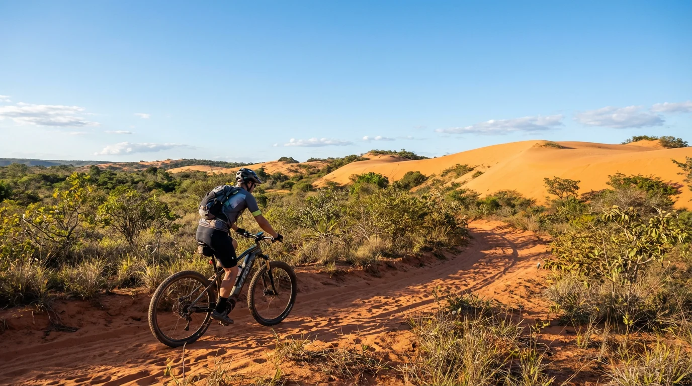 Ciclista em e-bike MTB VYRON nas dunas de areia vermelha do Jalapão Tocantins