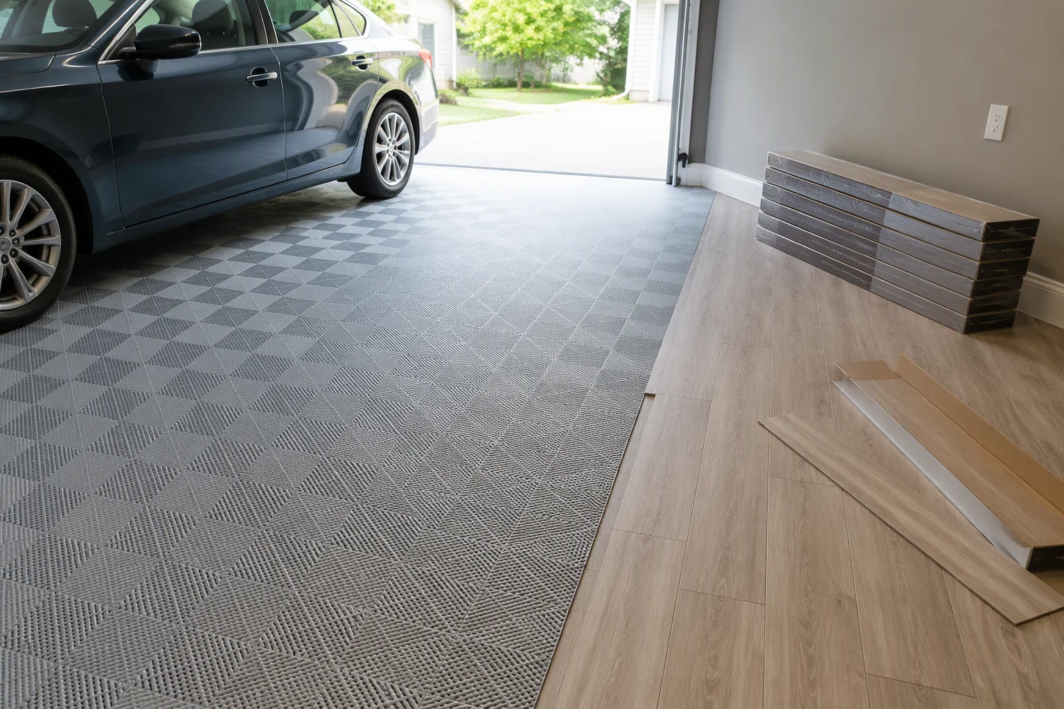 Garage floor tiles laid across a garage next to unboxed vinyl plank flooring