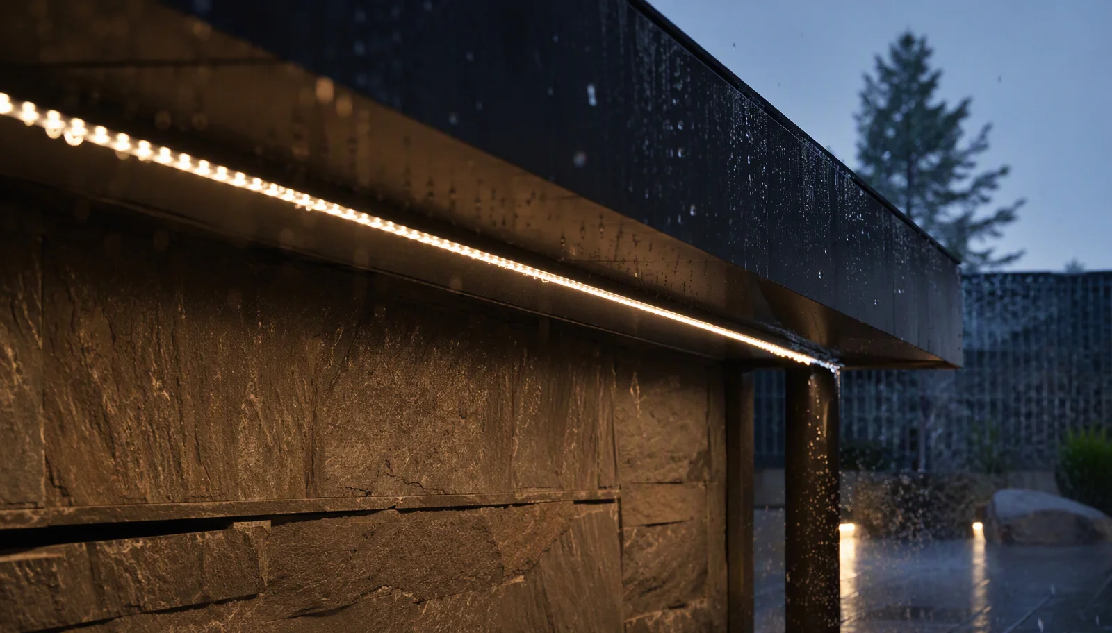 IP65 water-resistant LED strip in a sheltered wet-zone detail exposed to splashing water and jets