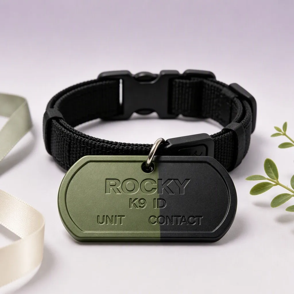 Olive and black K9 military style pet tag on lavender backdrop