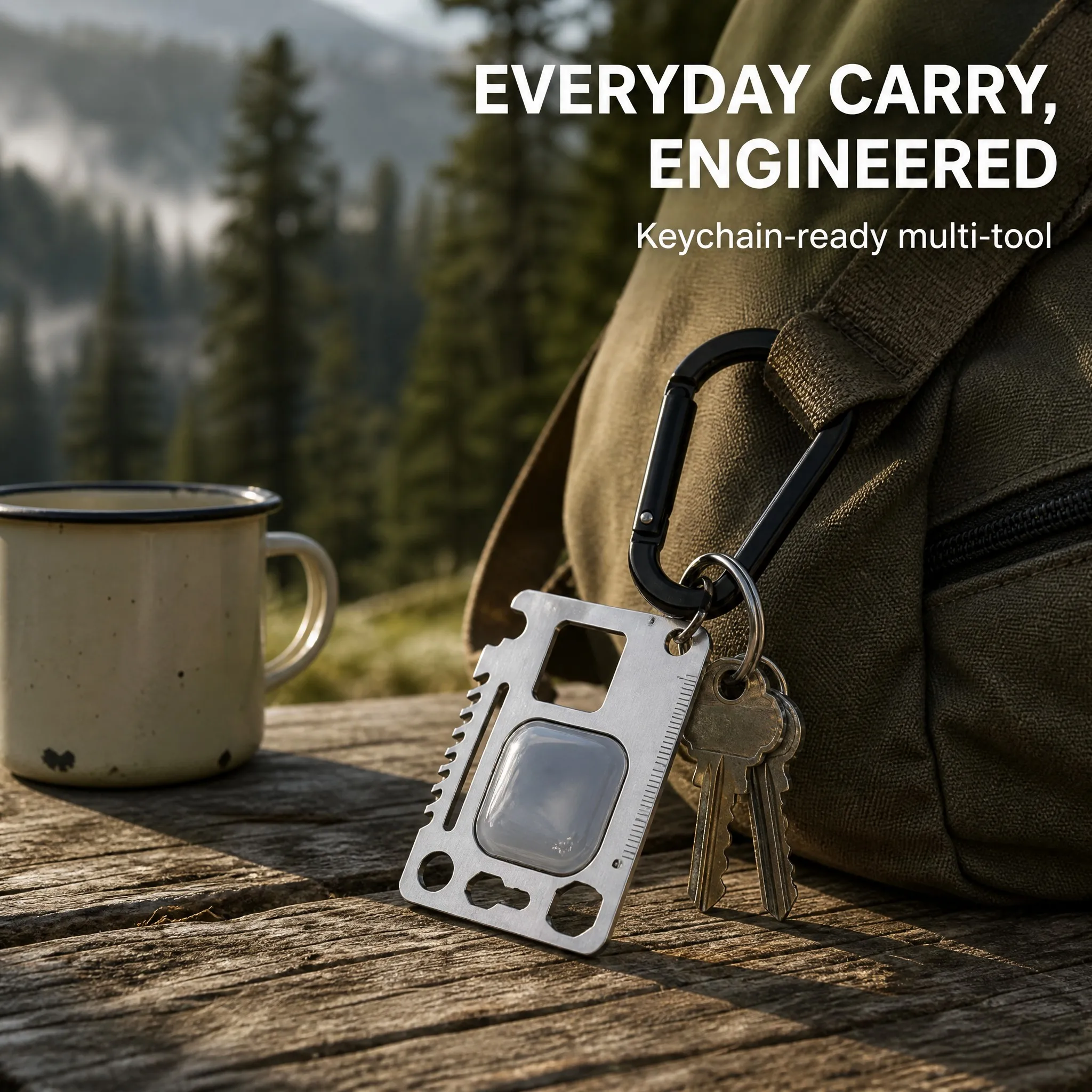 Epoxy domed multi-tool card clipped to keychain at a campsite