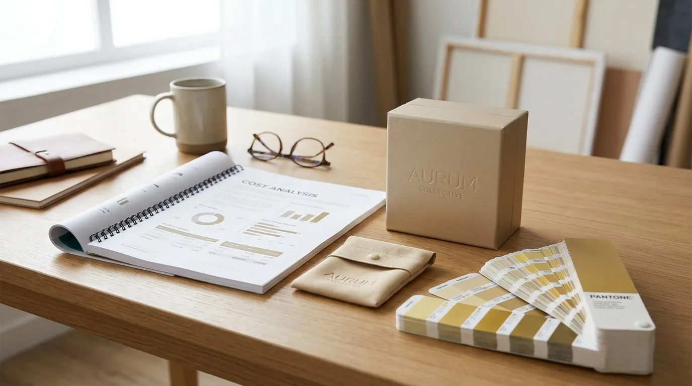 Finished product showcase of the Aurum Collective custom champagne gold packaging set.