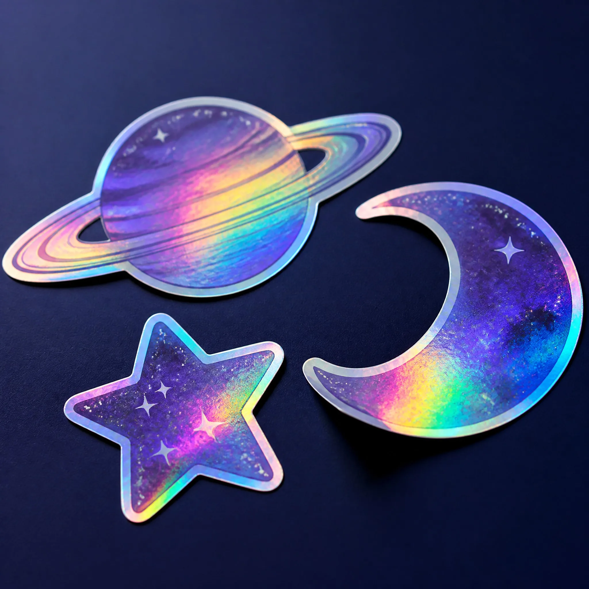 Macro detail of holographic die-cut sticker - iridescent rainbow reflections