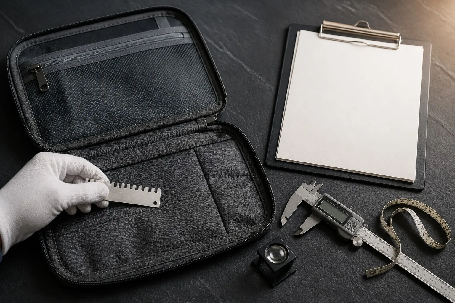 Quality control inspection — seam gauge, tape measure, caliper, and storage bag