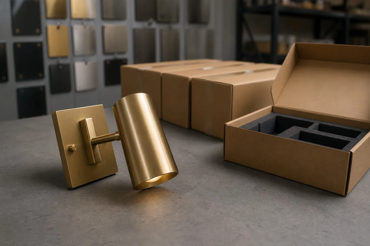 Brass wall sconce checked on a workshop bench before packing