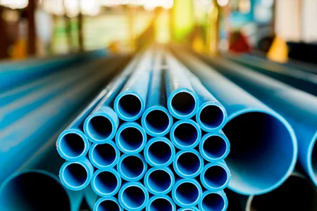 PVC Pipes stacked in warehouse