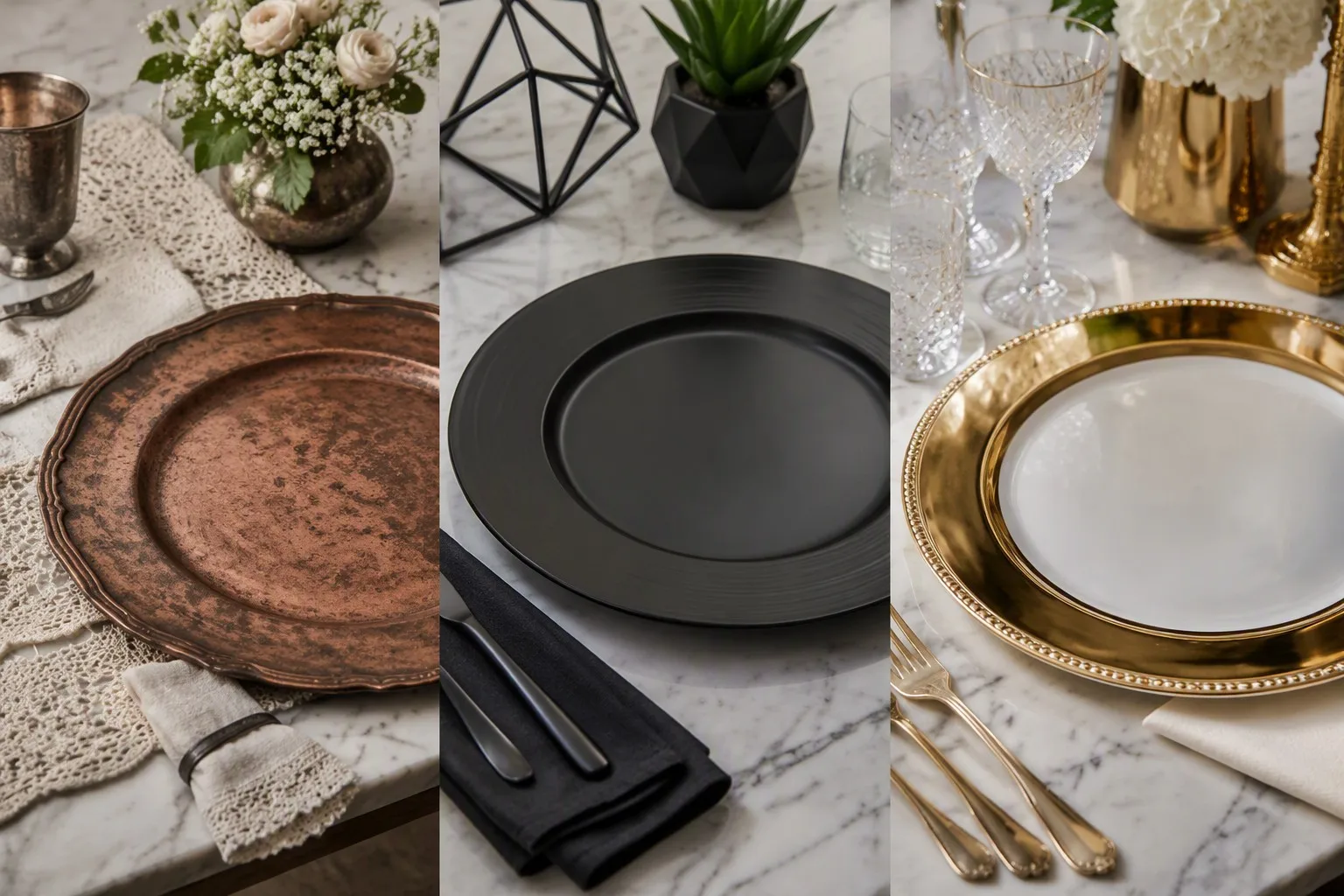 Triptych of vintage modern and luxury table settings with charger plates