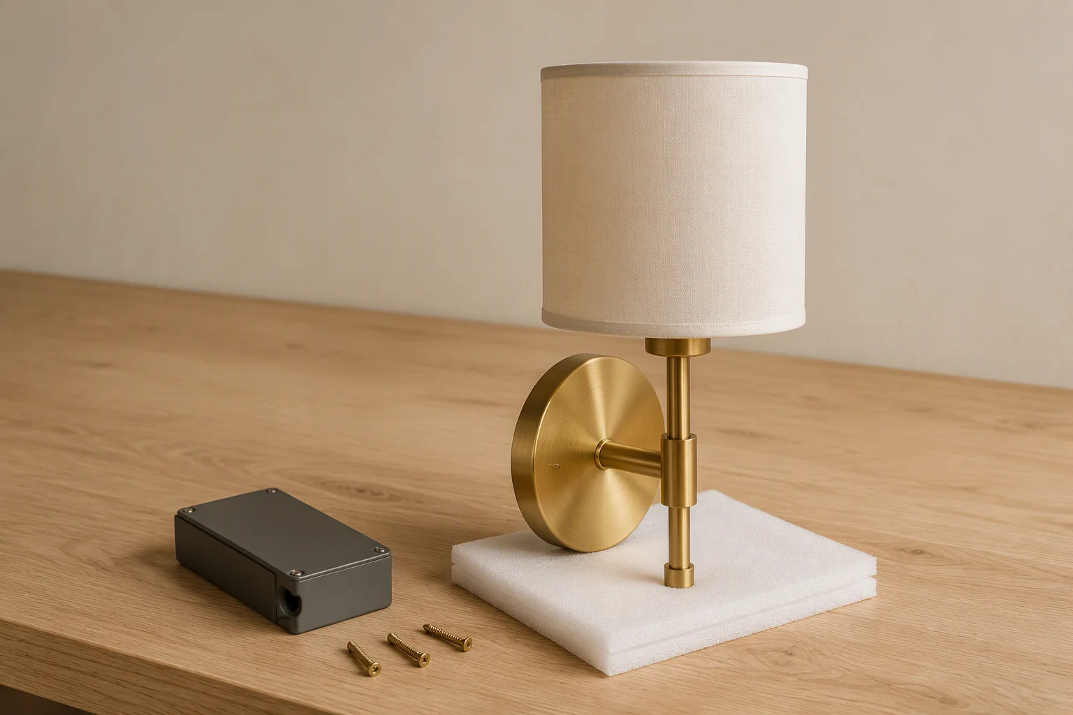 A brass wall sconce on a foam pad beside its driver module and three loose screws on a workshop bench