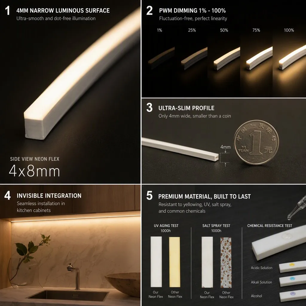 Ultra-Slim 4x8mm Side-Emitting COB LED Neon Flex | Dimmable High-Density Silicone Strip for Precise Furniture Contours thumbnail 3