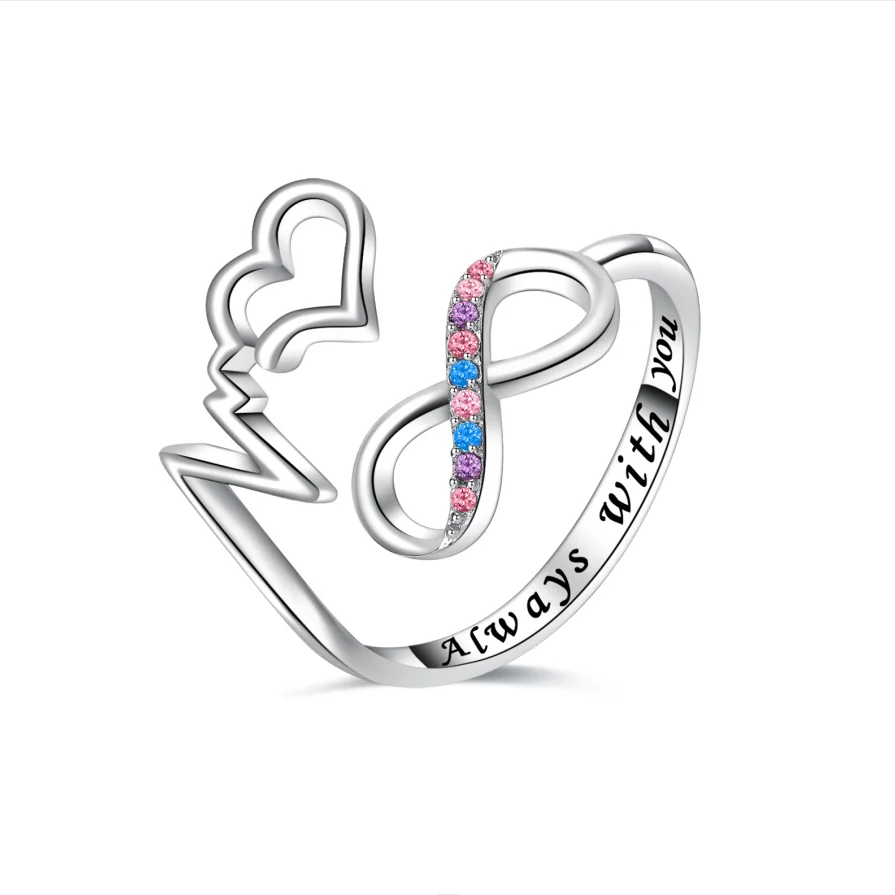 

Slovehoony Colorful Zirconia Infinity Love Ring 100% 925 Sterling Silver Always With You Heartbeat Ring