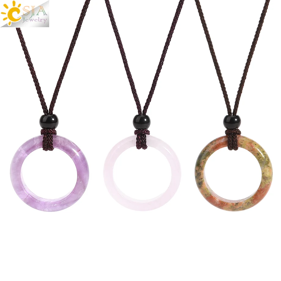 

CSJA Wholesale Natural Stone Ring Necklace Pink Quartz Reiki Healing Quartz Gemstone Crystal Circle Necklace Jewelry H239