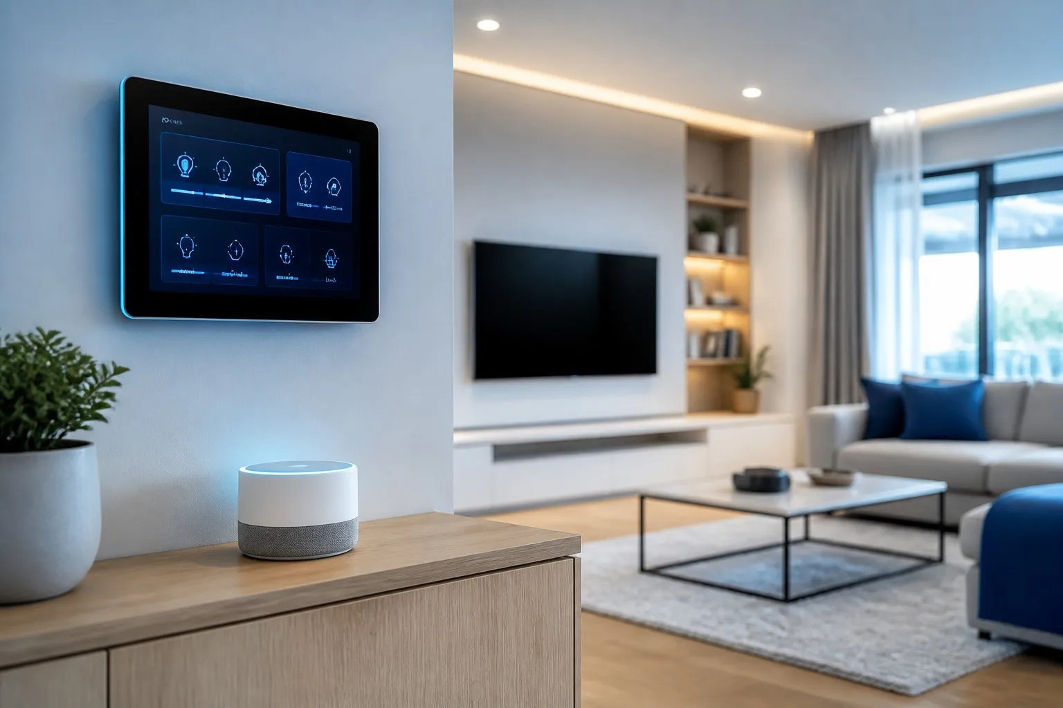 Modern smart home with a wall control panel and smart hub