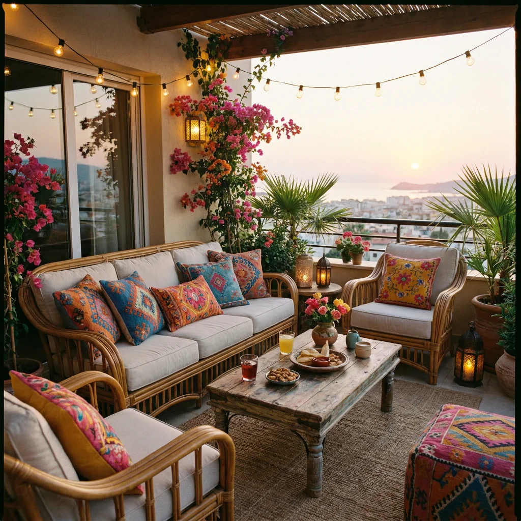 Terrasse avec mobilier en rotin et coussins colorés ambiance soirée d'été