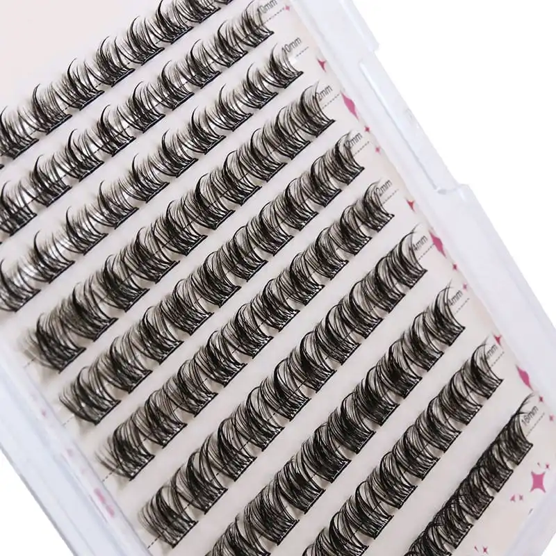 Macro view of a printed lash card showing individual segment lashes and millimetre length labels printed at the end of each row - printed lash card