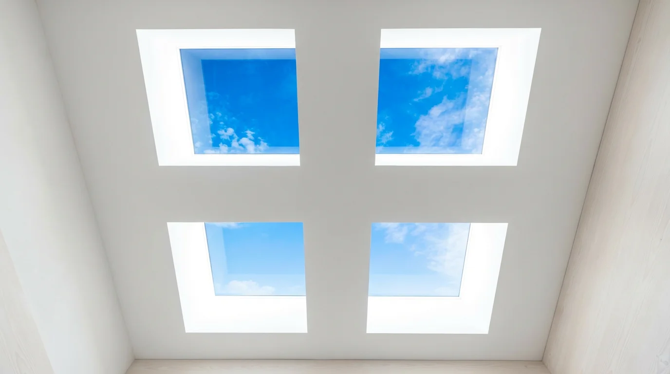 Upward view of four skylight ceiling panels