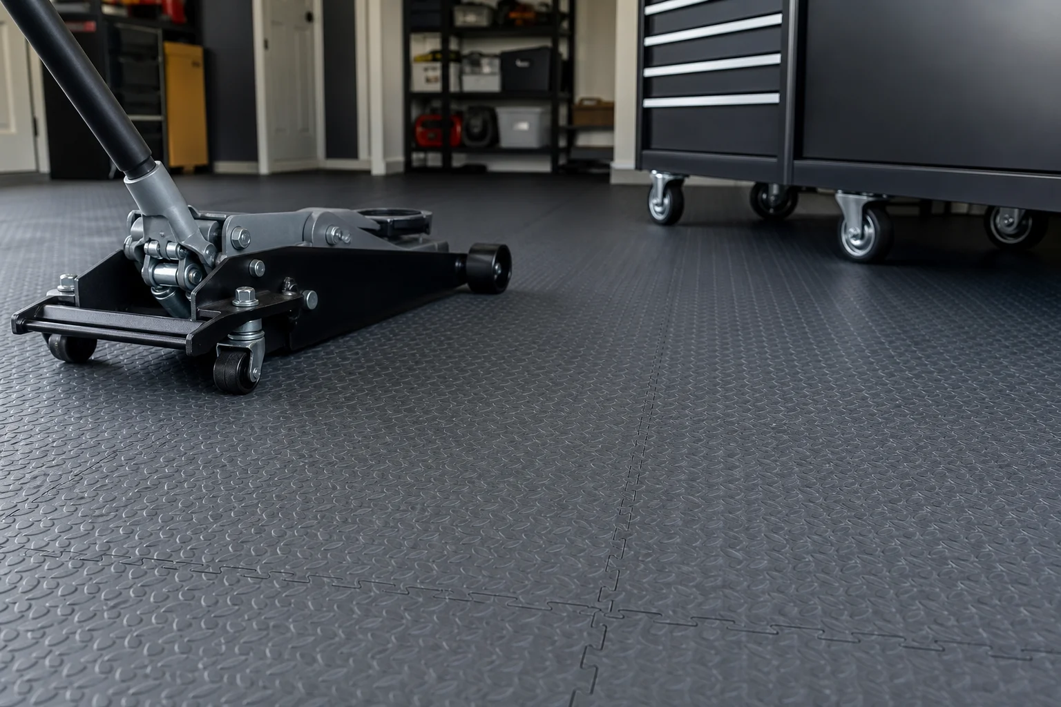 Durable interlocking garage floor tiles carrying a heavy floor jack and tool chest