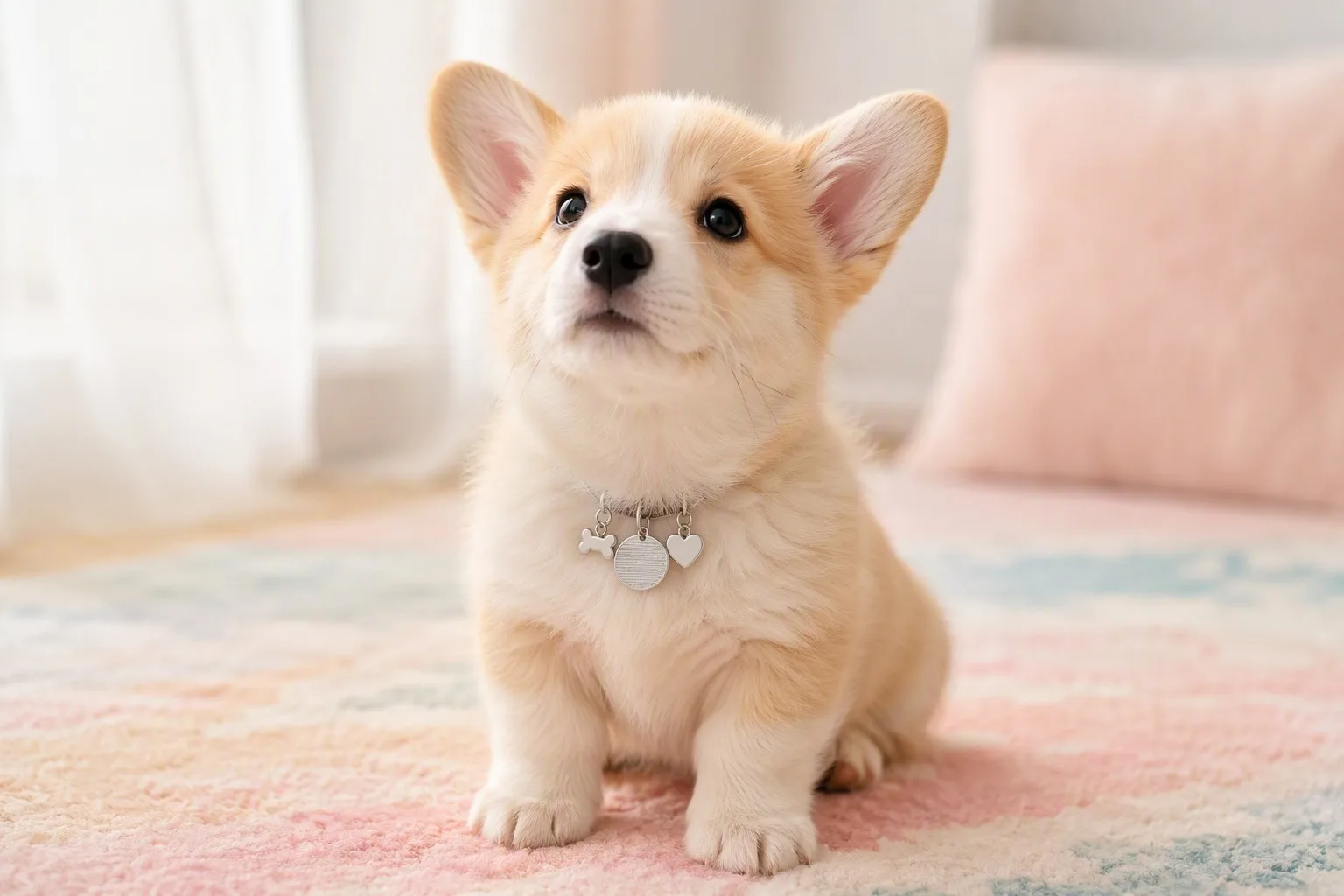 Small stylish corgi wearing silver charm pet tag set
