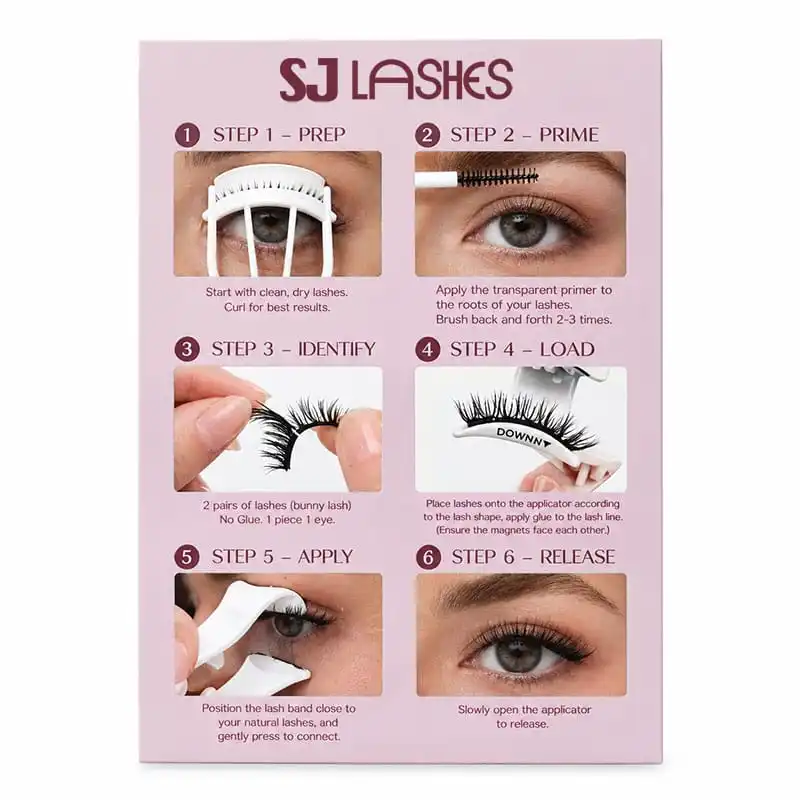 Six step magnetic lash instruction card with photographs and numbered panels covering prep, prime, identify, load, apply and release - magnetic lash instruction card