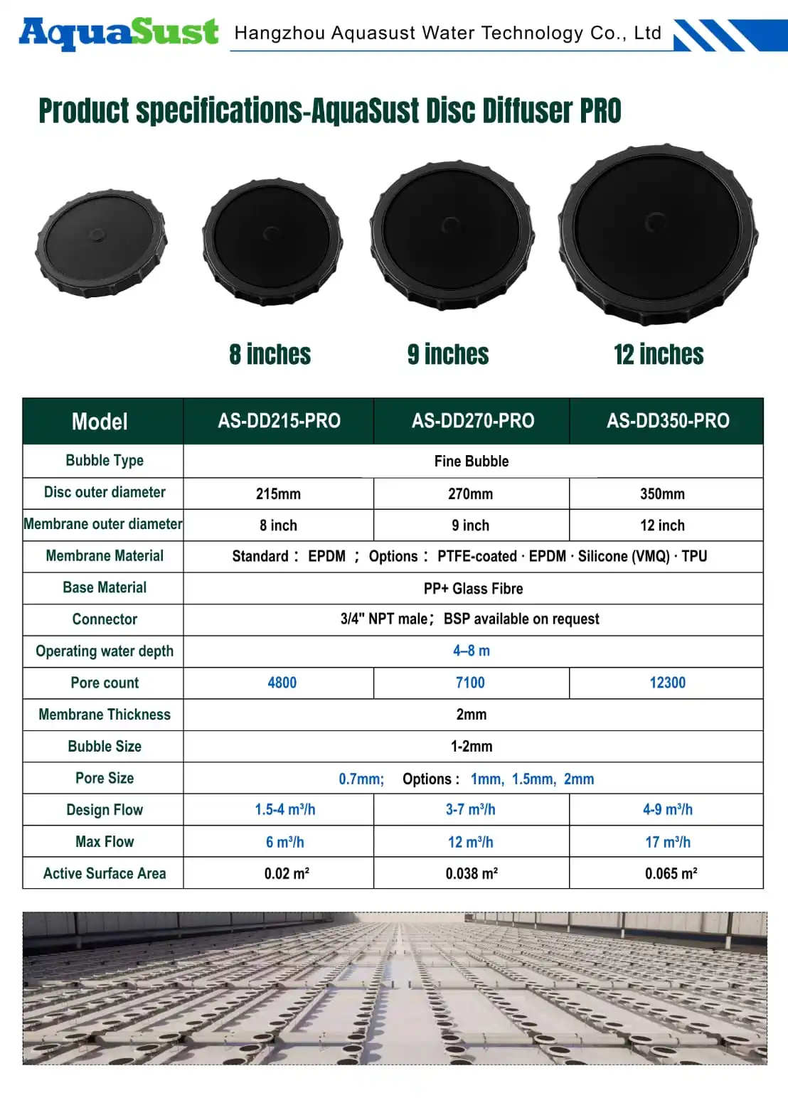 AquaSust Fine Bubble Disc Diffusers AS-DD215 AS-DD270 AS-DD350