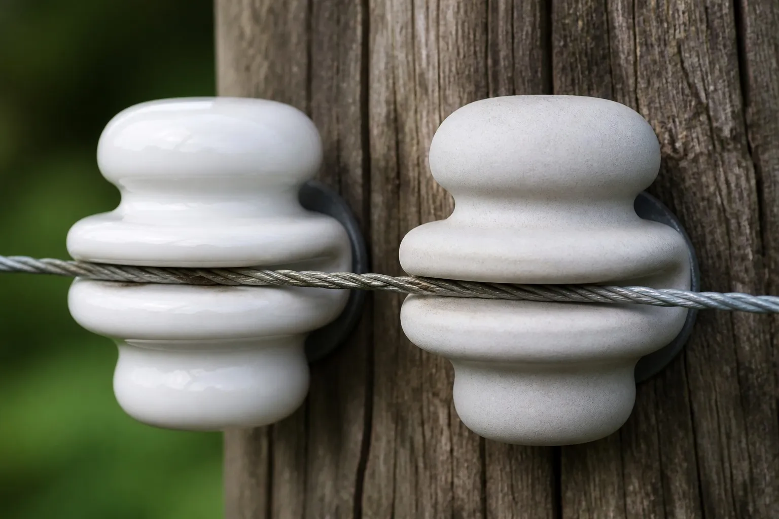 Ceramic and porcelain electric fence insulators compared on a post