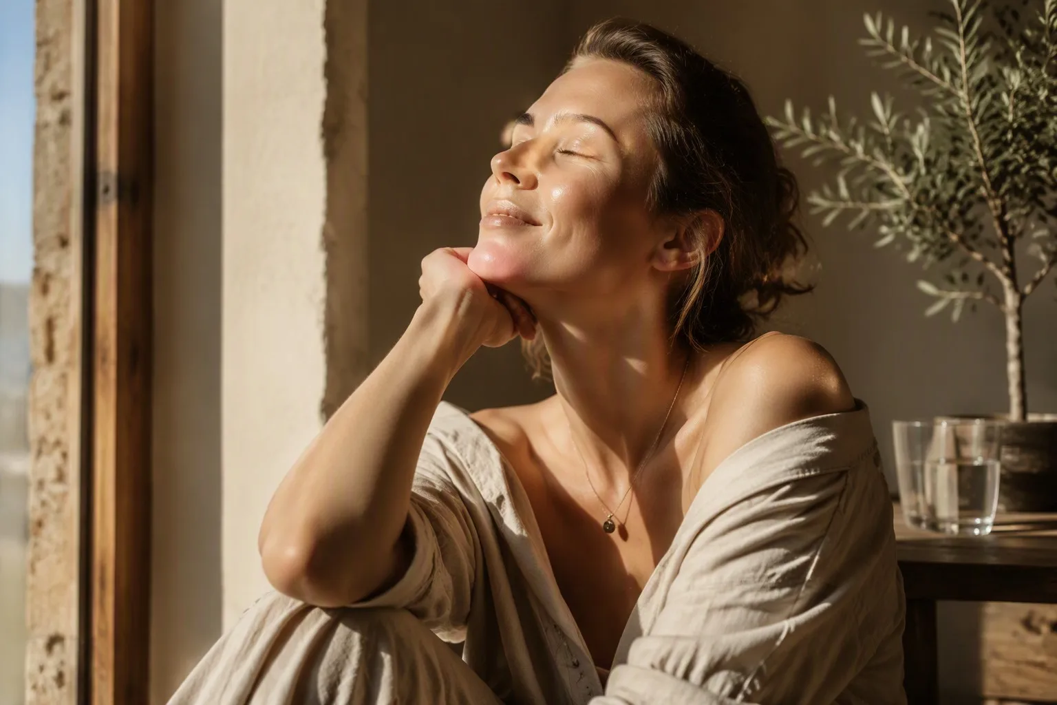 An elegant woman resting by a sunlit window, eyes closed, conveying deep cellular hydration and mucosal comfort An elegant woman resting by a sunlit window, eyes closed, conveying deep cellular hydration and mucosal comfort