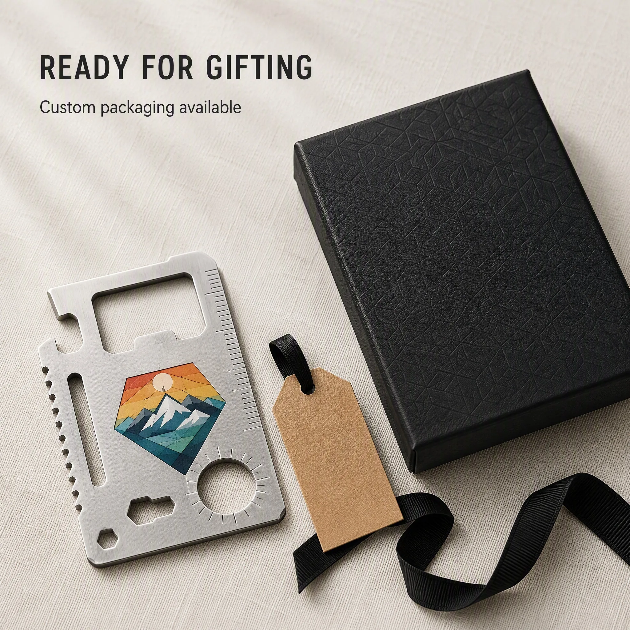 Silk screen printed multi-tool card with custom gift box packaging