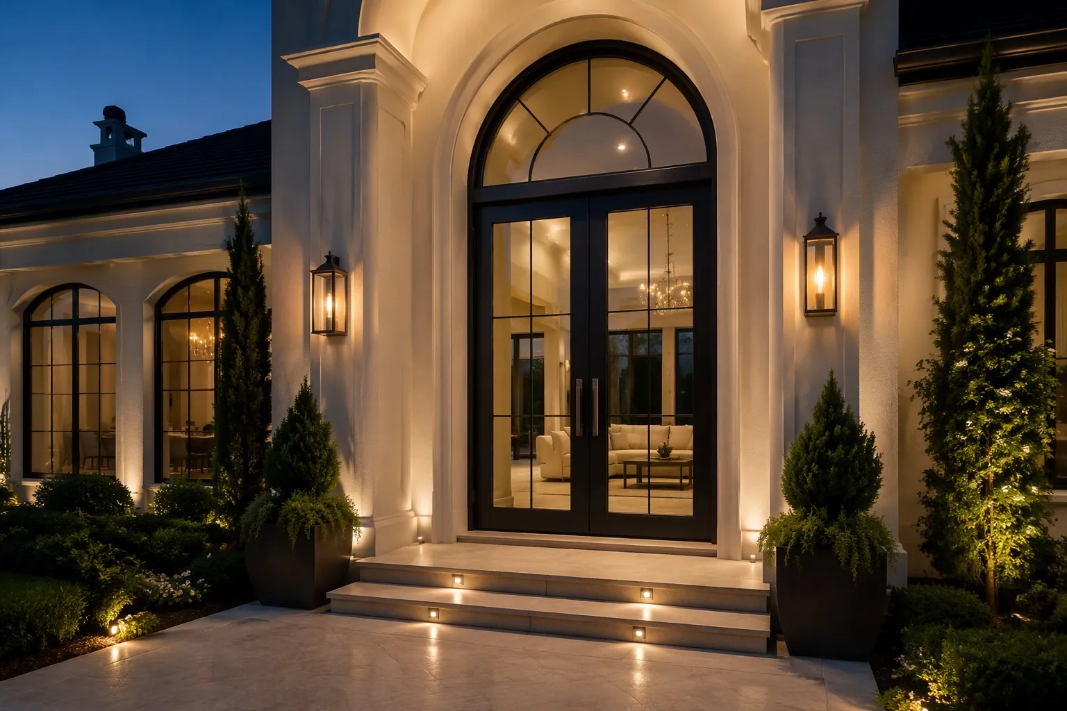 Luxury villa entrance with premium black aluminum casement door warm interior twilight