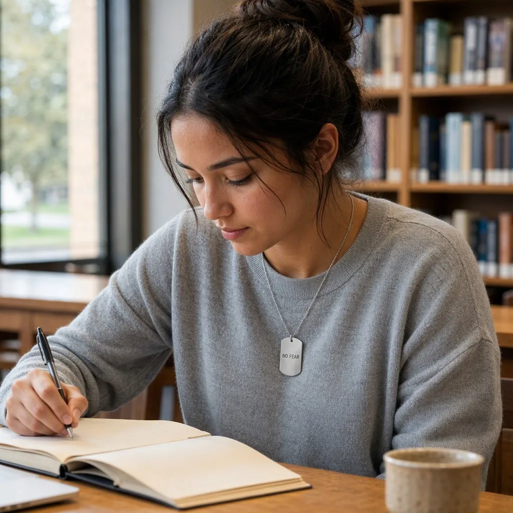 Engraved dog tag necklace worn studying