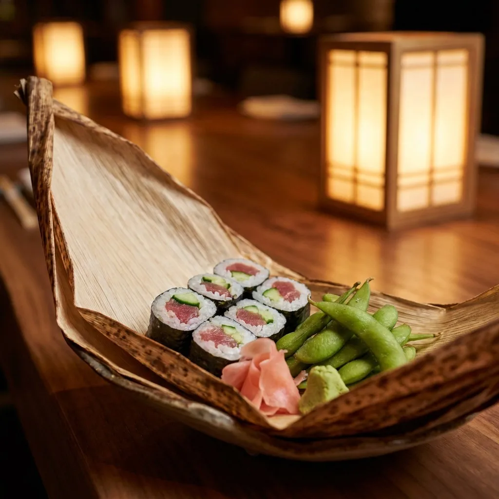 Natural bamboo leaf food boat filled with sushi rolls edamame pickled ginger and wasabi