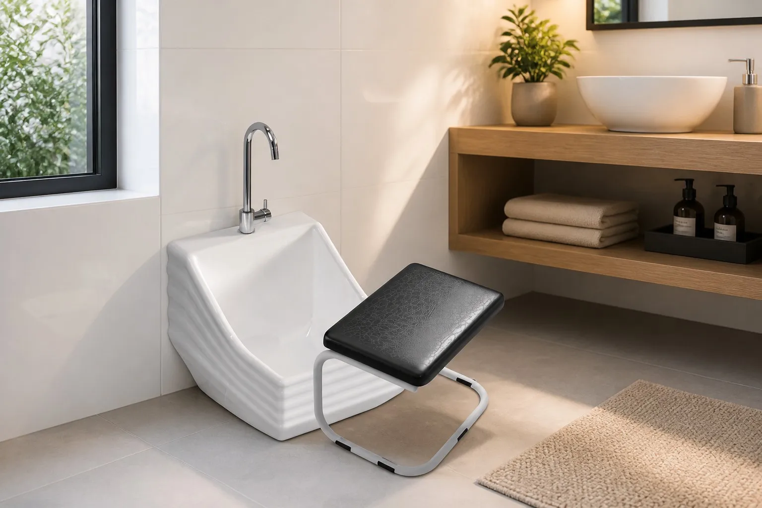info-1-1 Low white ceramic wudu basin with tall chrome faucet in a modern home bathroom
