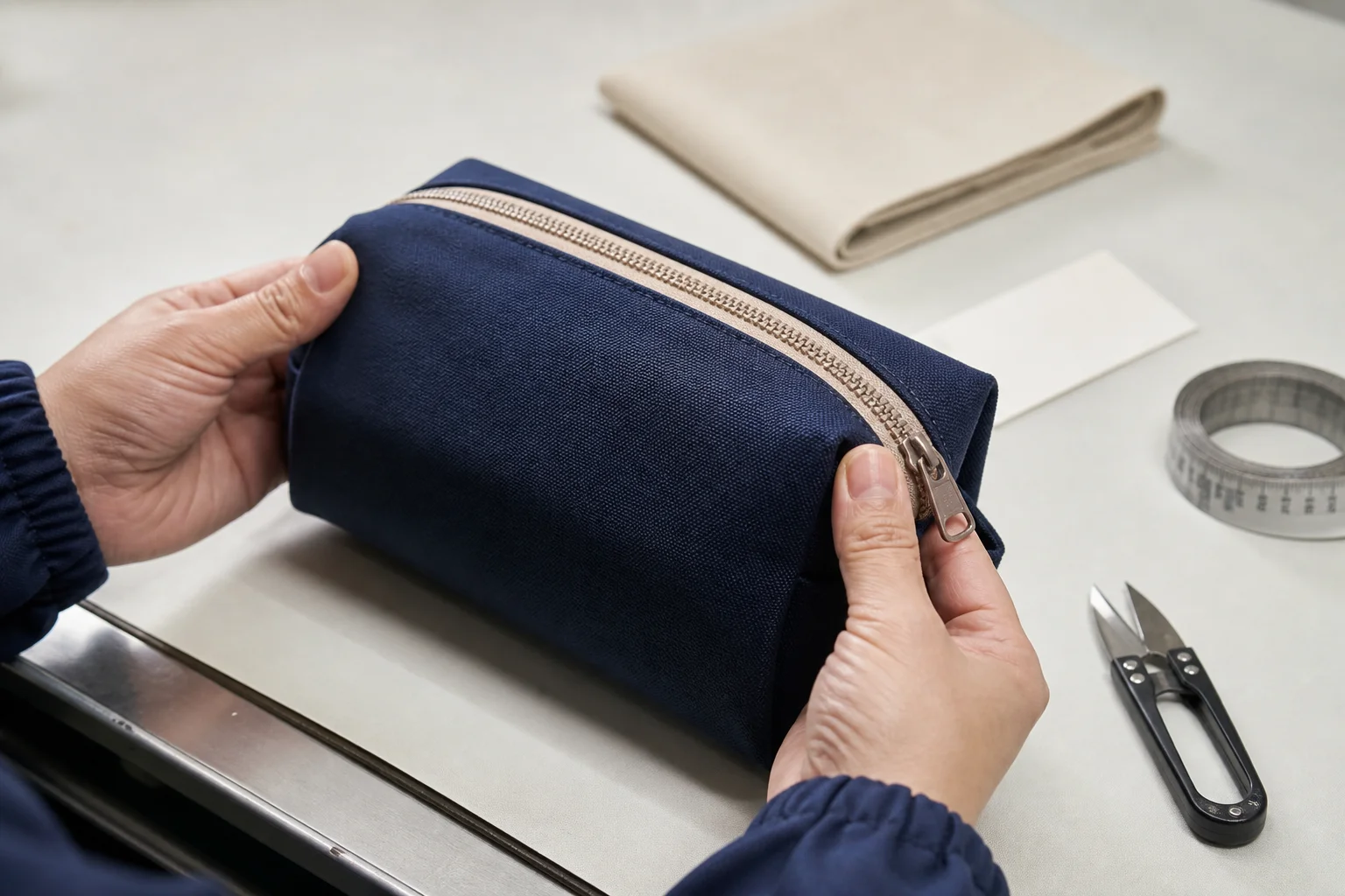 Worker hands inspecting zipper alignment and seam stitching on an unbranded cosmetic bag sample